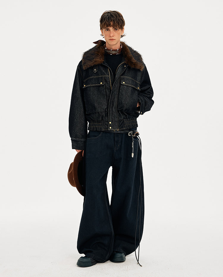 MADWITCH DETACHABLE FUR COLLAR DENIM JACKET #2631