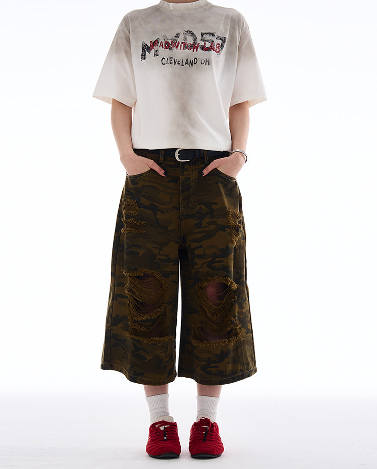 MADWITCH RIPPED CAMO CROPPED PANTS #A590