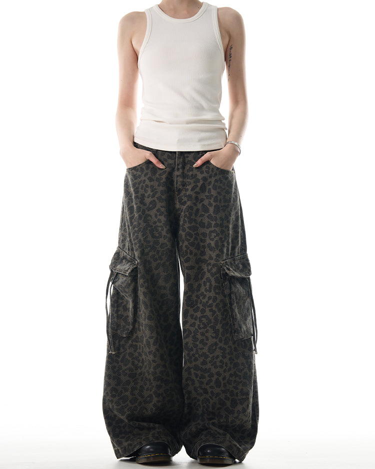 MADWITCH LEOPARD PRINT WIDE-LEG CARGO PANTS #RK179