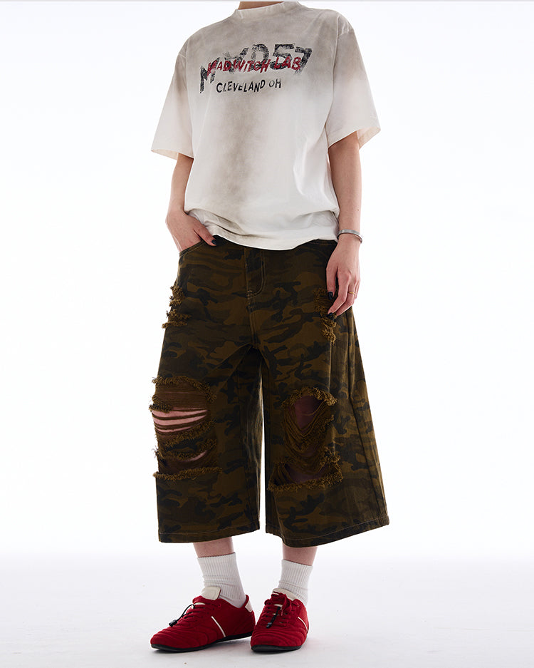 MADWITCH RIPPED CAMO CROPPED PANTS #A590