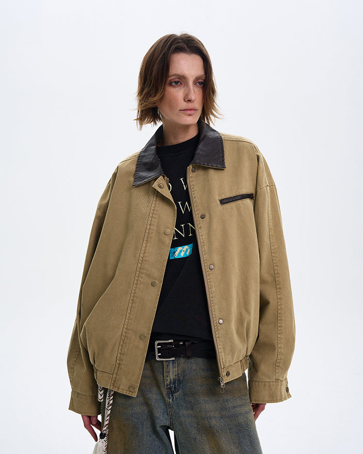 MADWITCH COLOR-BLOCK LEATHER COLLAR JACKET #W219