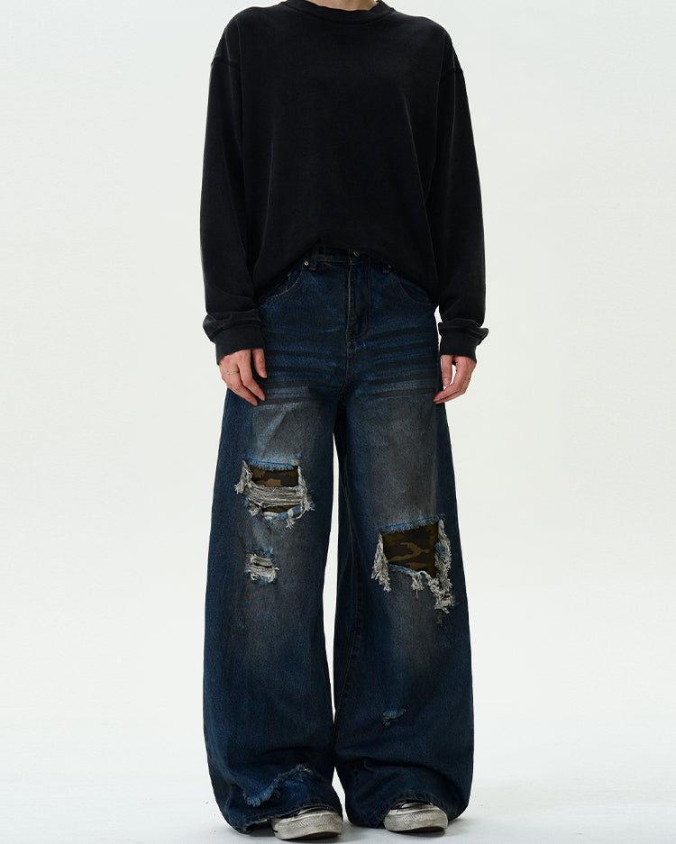MADWITCH RIPPED CAMO PATCH DENIM JEANS #G6625