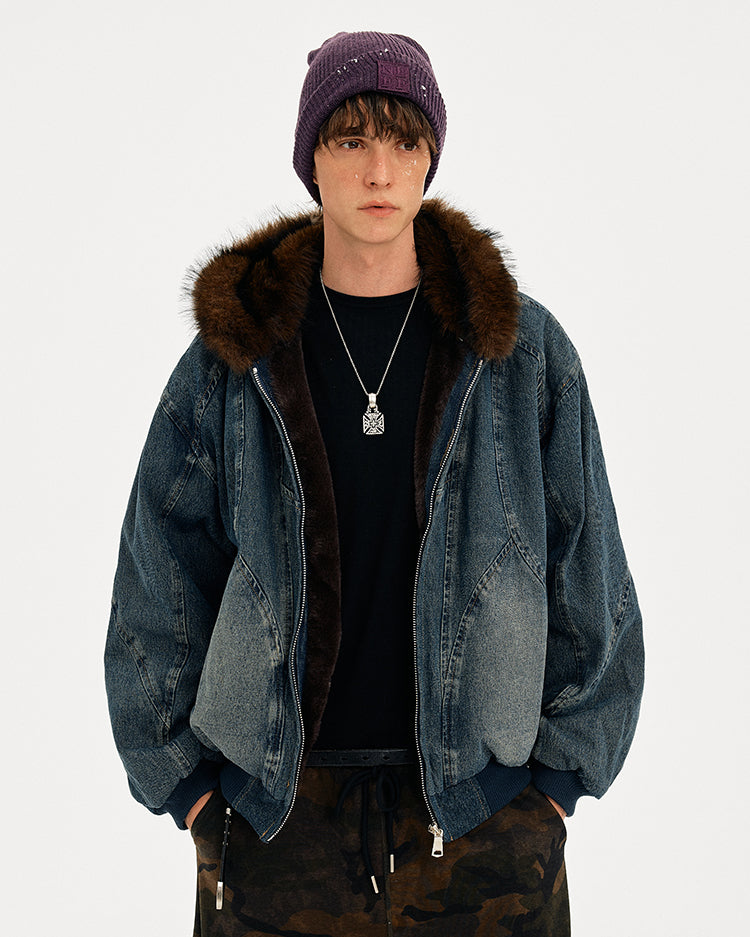 MADWITCH WASHED DENIM FUR COLLAR JACKET #Z2628