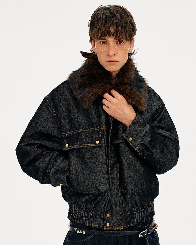 MADWITCH DETACHABLE FUR COLLAR DENIM JACKET #2631