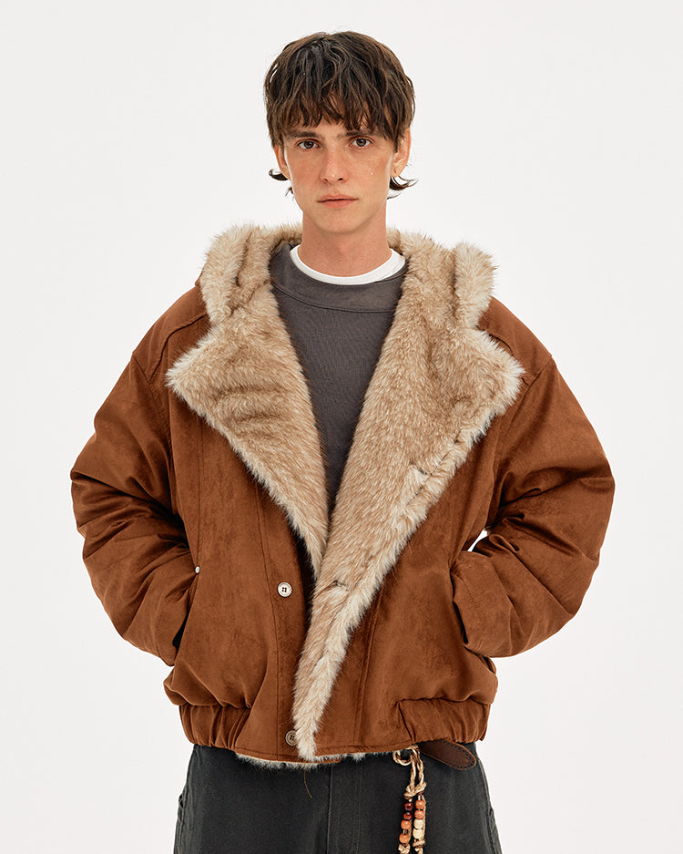 MADWITCH SUEDE HOODED QUILTED FUR JACKET #AW25505