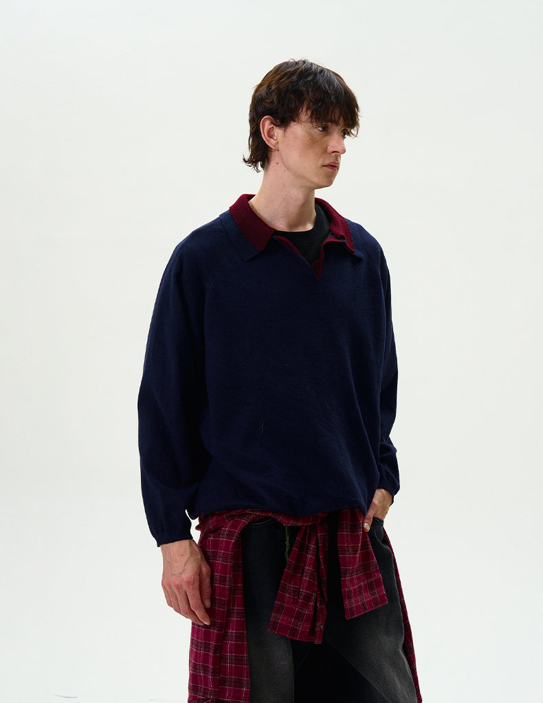 MADWITCH DOUBLE-LAYER CONTRAST KNIT SWEATER #L535