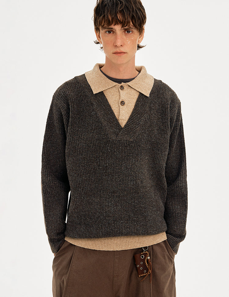 MADWITCH COLORBLOCK FAUX LAYER WOOL SWEATER #STYY8888