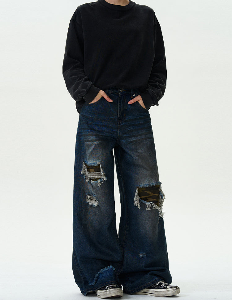 MADWITCH RIPPED CAMO PATCH DENIM JEANS #G6625