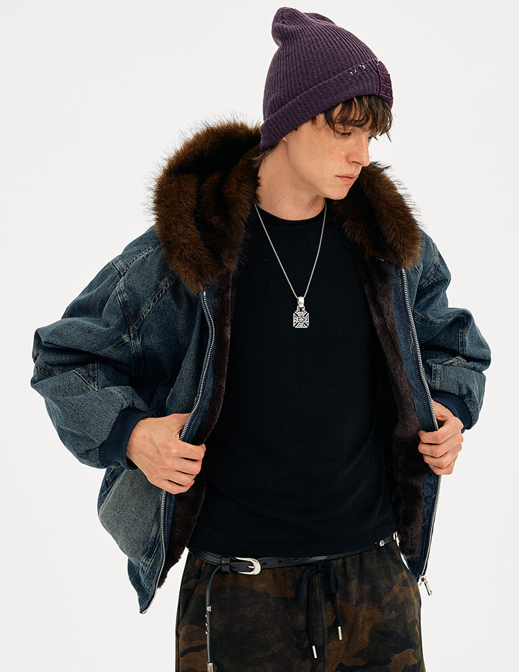 MADWITCH WASHED DENIM FUR COLLAR JACKET #Z2628