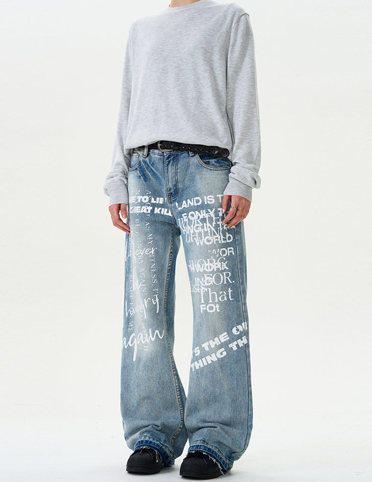 MADWITCH LETTER PRINT DENIM PANTS #G6482