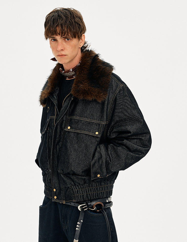 MADWITCH DETACHABLE FUR COLLAR DENIM JACKET #2631