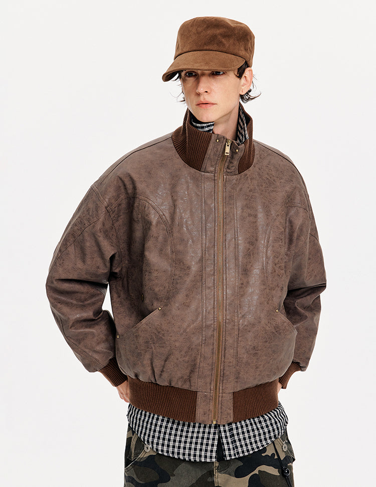MADWITCH DISTRESSED PU STAND COLLAR JACKET #991101