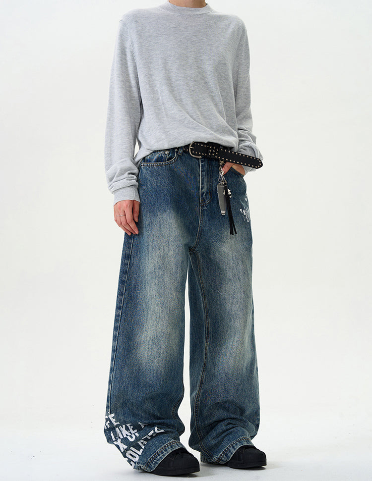 MADWITCH LETTER PRINT STREET-STYLE JEANS #G6626