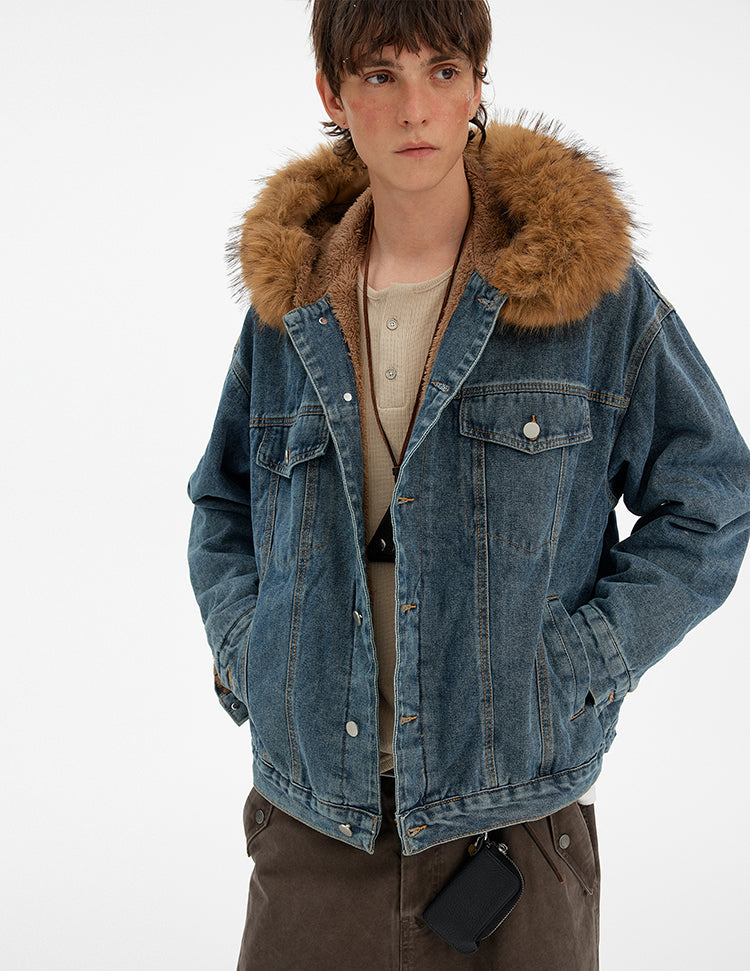 MADWITCH VINTAGE FUR COLLAR DENIM JACKET #RW169