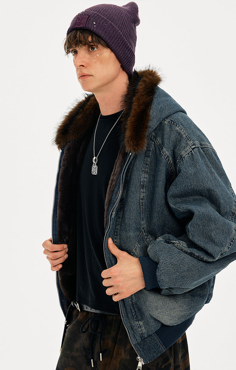 MADWITCH WASHED DENIM FUR COLLAR JACKET #Z2628