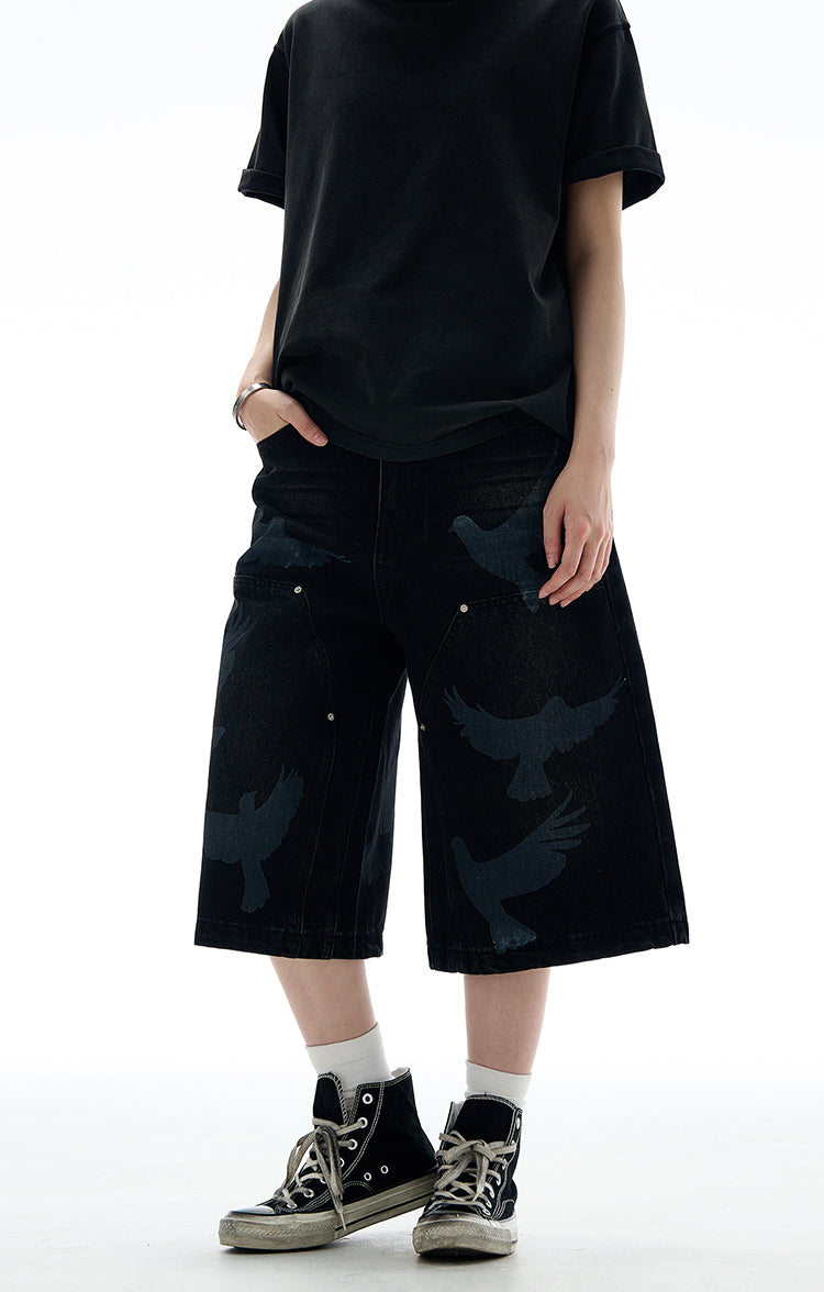 MADWITCH VINTAGE PRINTED CROPPED DENIM PANTS #L533