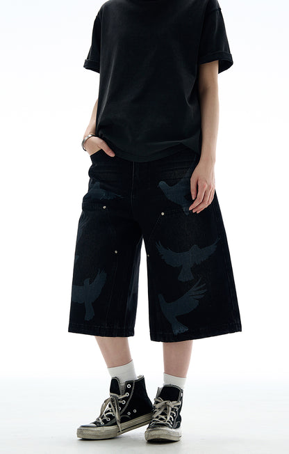 MADWITCH VINTAGE PRINTED CROPPED DENIM PANTS #L533