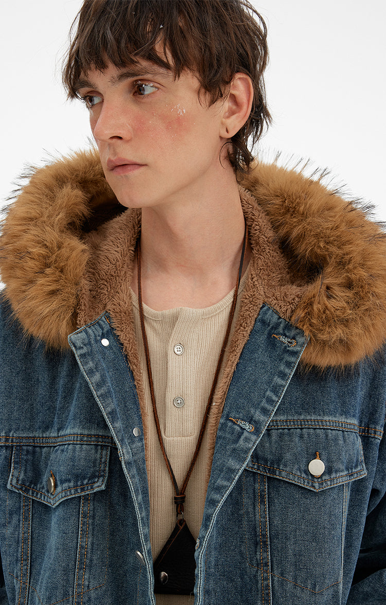 MADWITCH VINTAGE FUR COLLAR DENIM JACKET #RW169