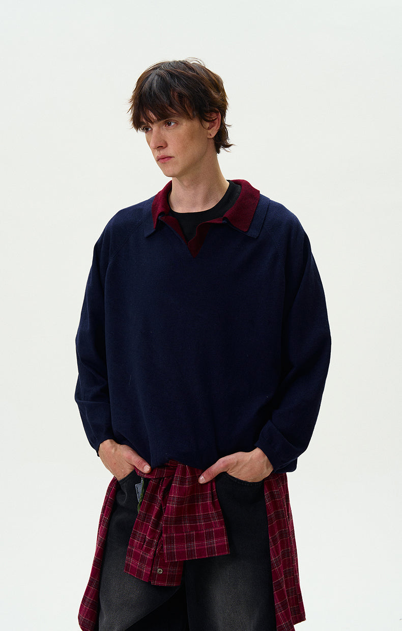 MADWITCH DOUBLE-LAYER CONTRAST KNIT SWEATER #L535