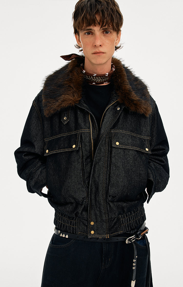 MADWITCH DETACHABLE FUR COLLAR DENIM JACKET #2631