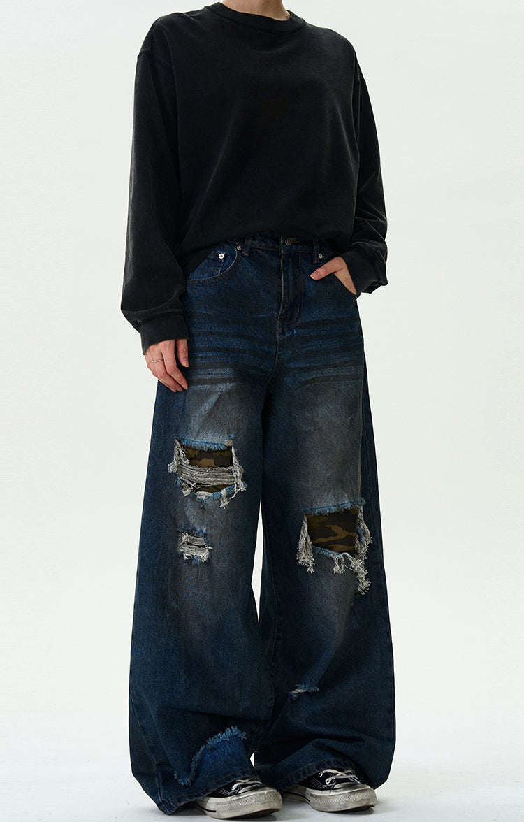 MADWITCH RIPPED CAMO PATCH DENIM JEANS #G6625