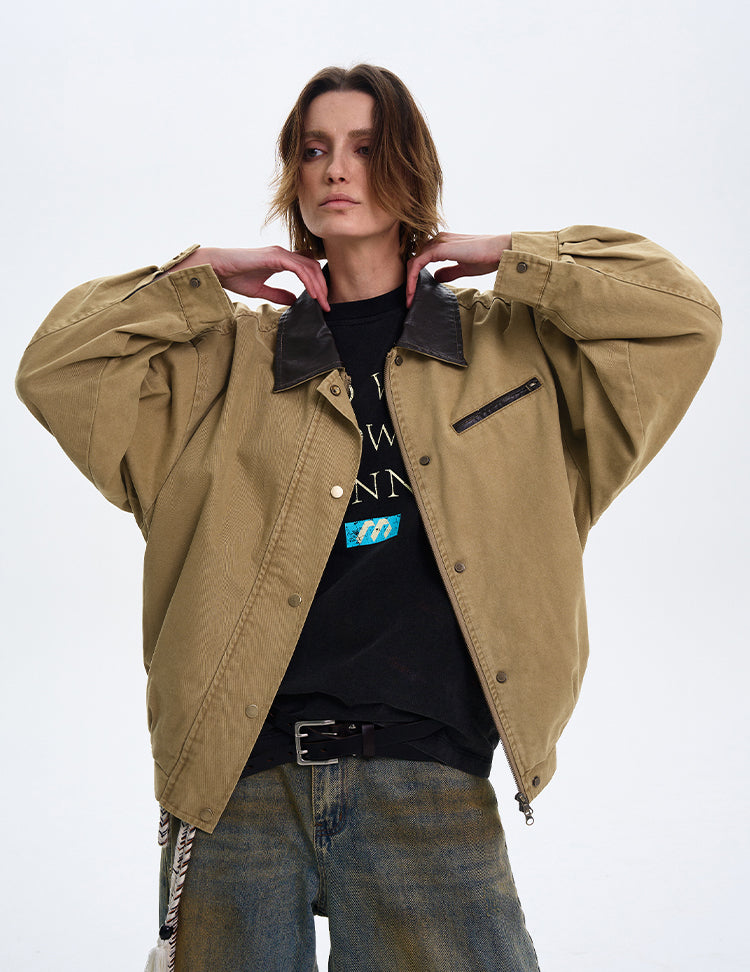 MADWITCH COLOR-BLOCK LEATHER COLLAR JACKET #W219