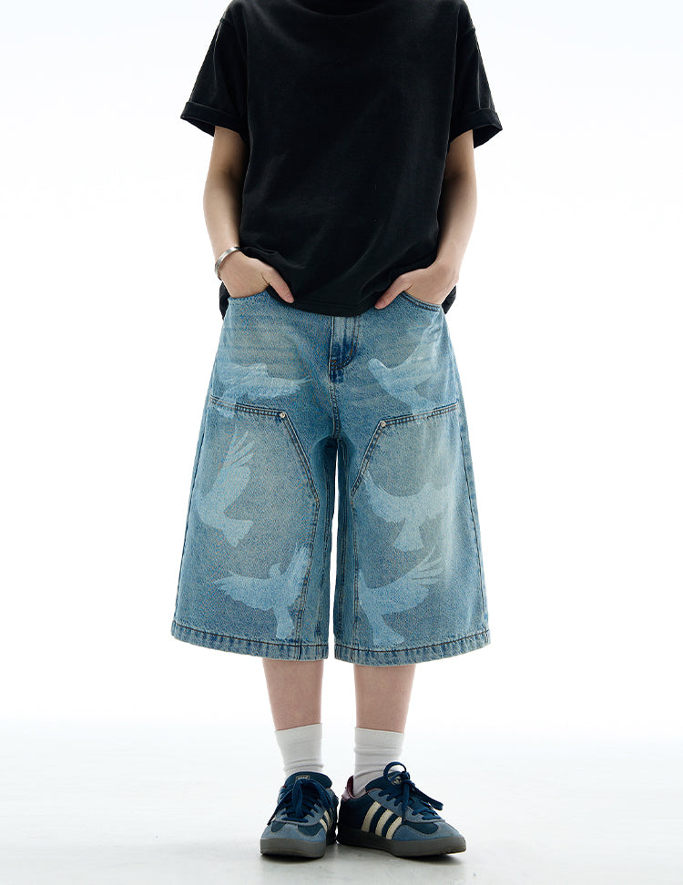 MADWITCH VINTAGE PRINTED CROPPED DENIM PANTS #L533