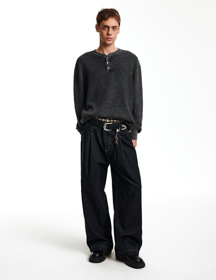 MADWITCH WAFFLE HENLEY KNIT #AK070