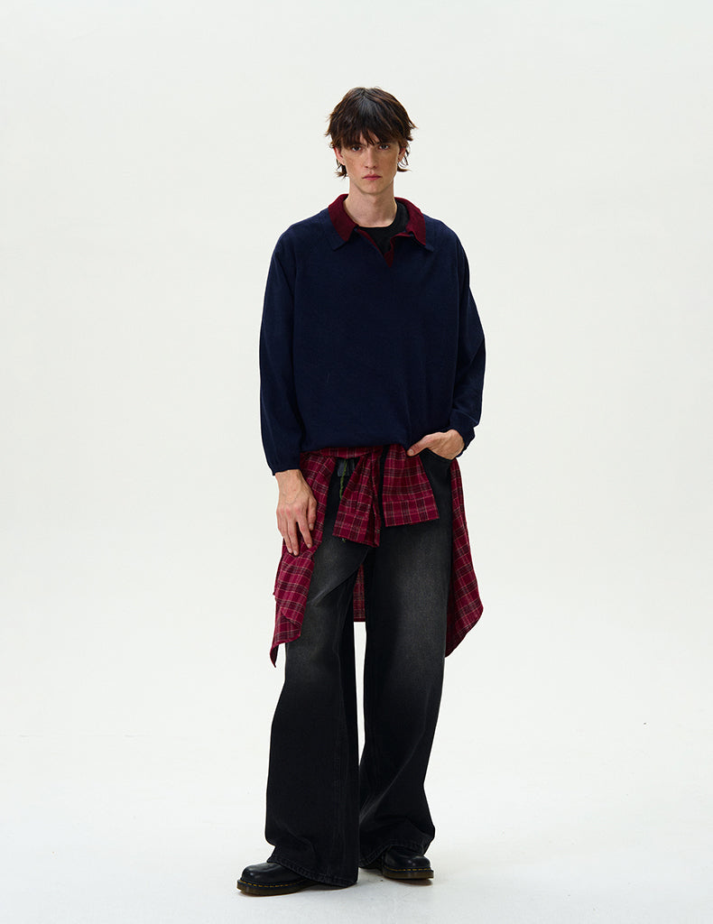 MADWITCH DOUBLE-LAYER CONTRAST KNIT SWEATER #L535