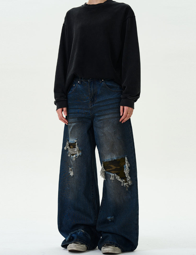 MADWITCH RIPPED CAMO PATCH DENIM JEANS #G6625