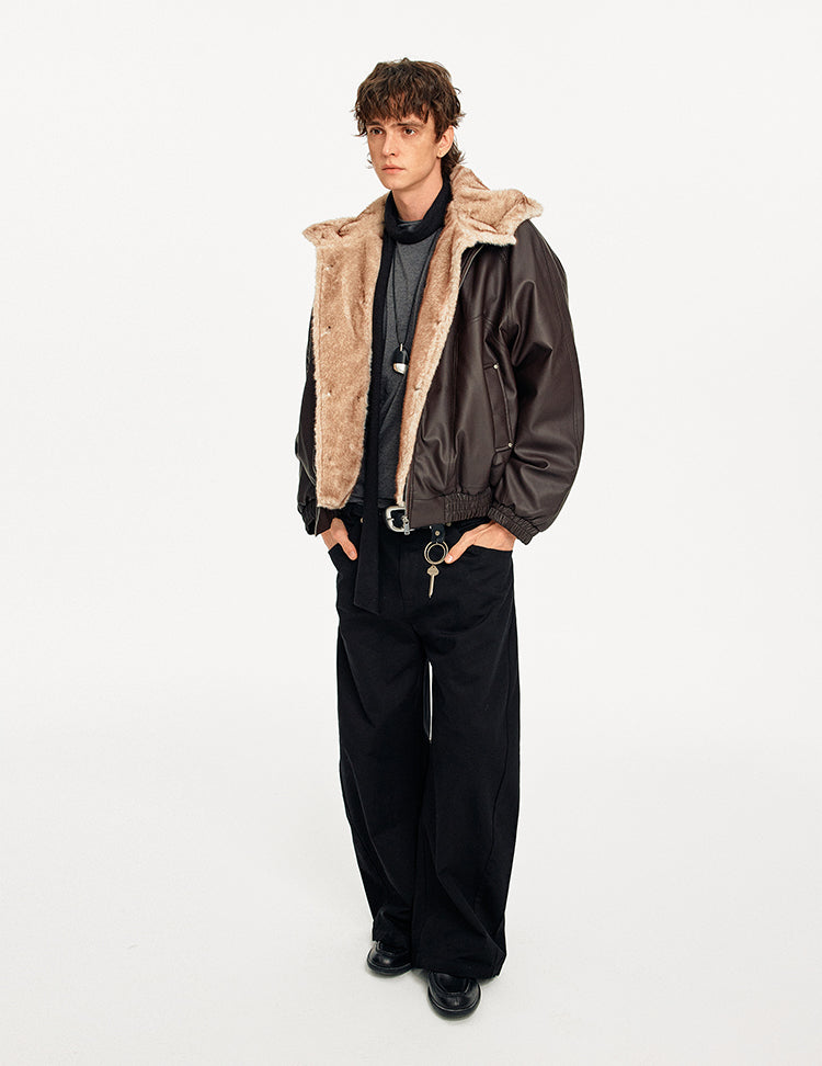 MADWITCH FAUX LAYER PU HOODED JACKET #880603