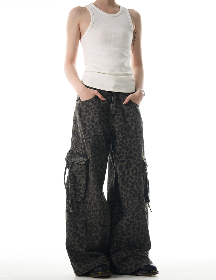MADWITCH LEOPARD PRINT WIDE-LEG CARGO PANTS #RK179