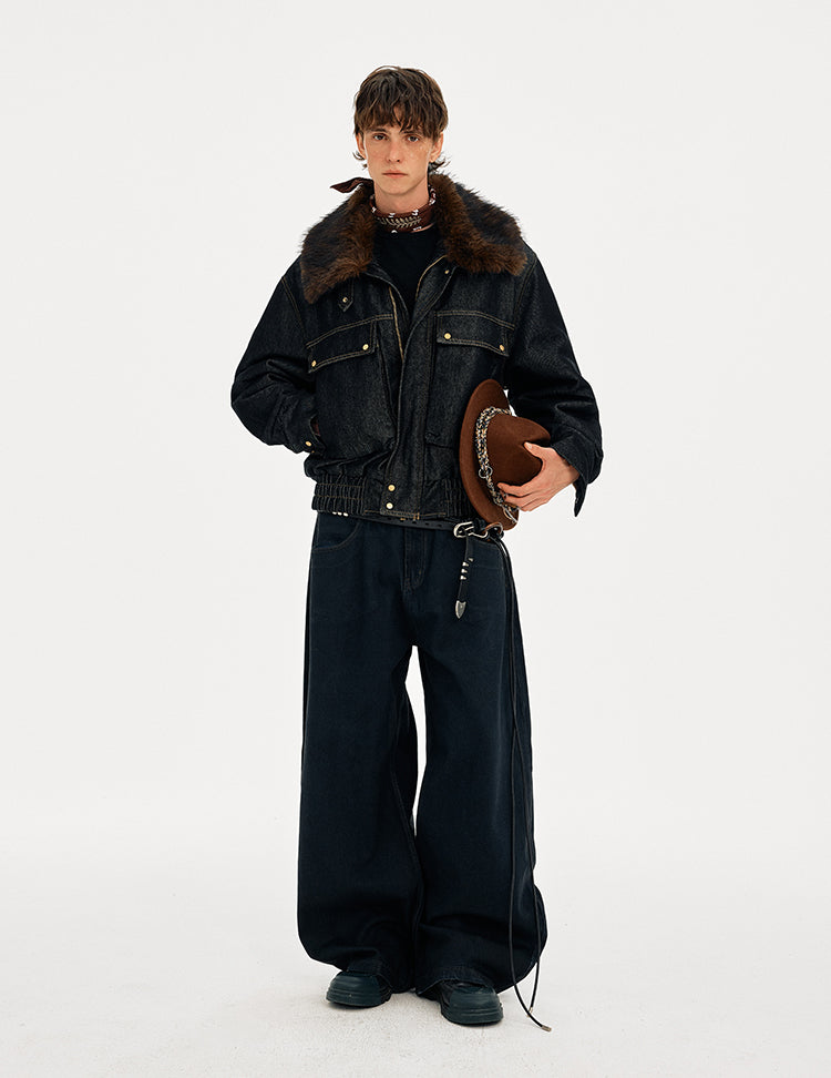 MADWITCH DETACHABLE FUR COLLAR DENIM JACKET #2631