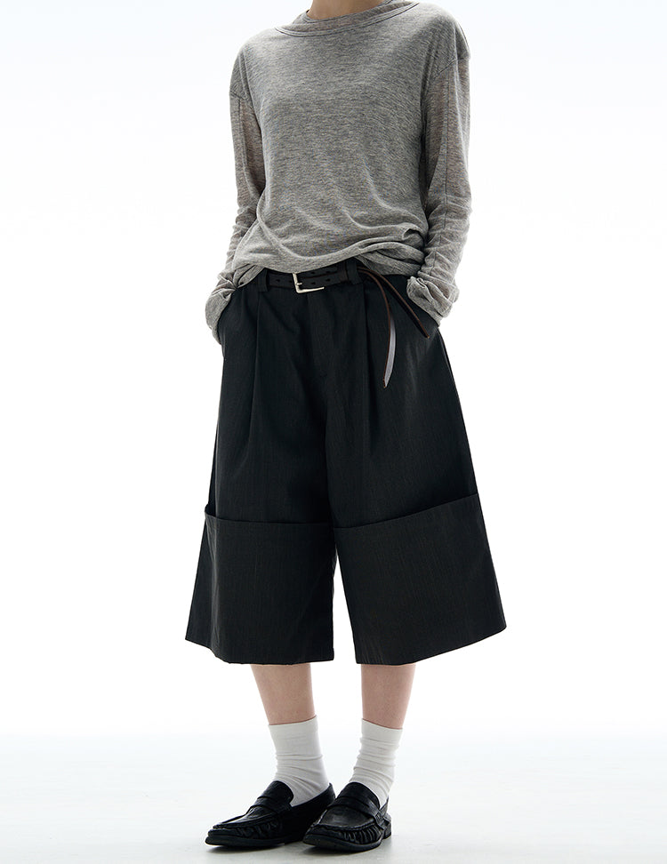 MADWITCH ROLLED HEM WIDE LEG CROP PANTS #C009