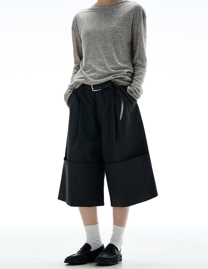 MADWITCH ROLLED HEM WIDE LEG CROP PANTS #C009