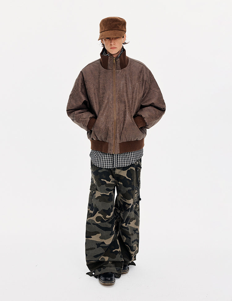 MADWITCH DISTRESSED PU STAND COLLAR JACKET #991101