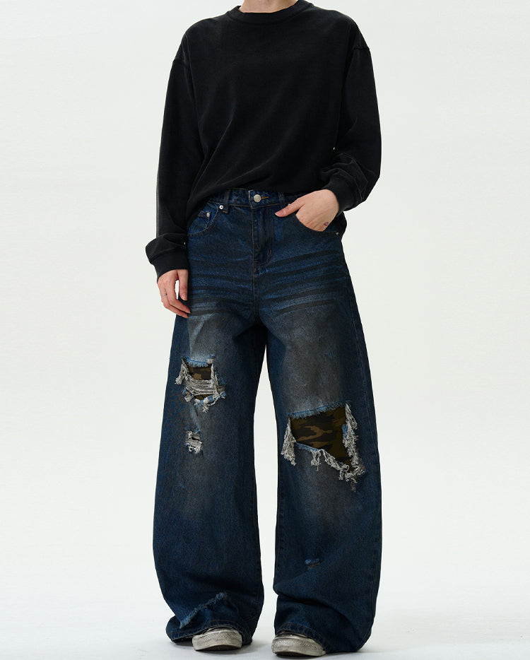 MADWITCH RIPPED CAMO PATCH DENIM JEANS #G6625