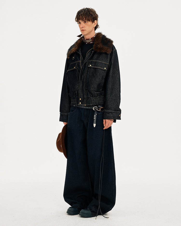 MADWITCH DETACHABLE FUR COLLAR DENIM JACKET #2631