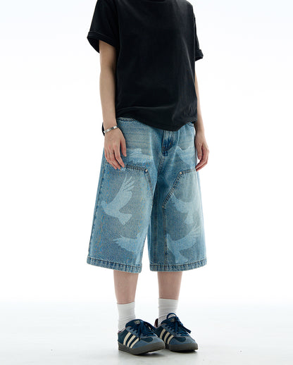 MADWITCH VINTAGE PRINTED CROPPED DENIM PANTS #L533