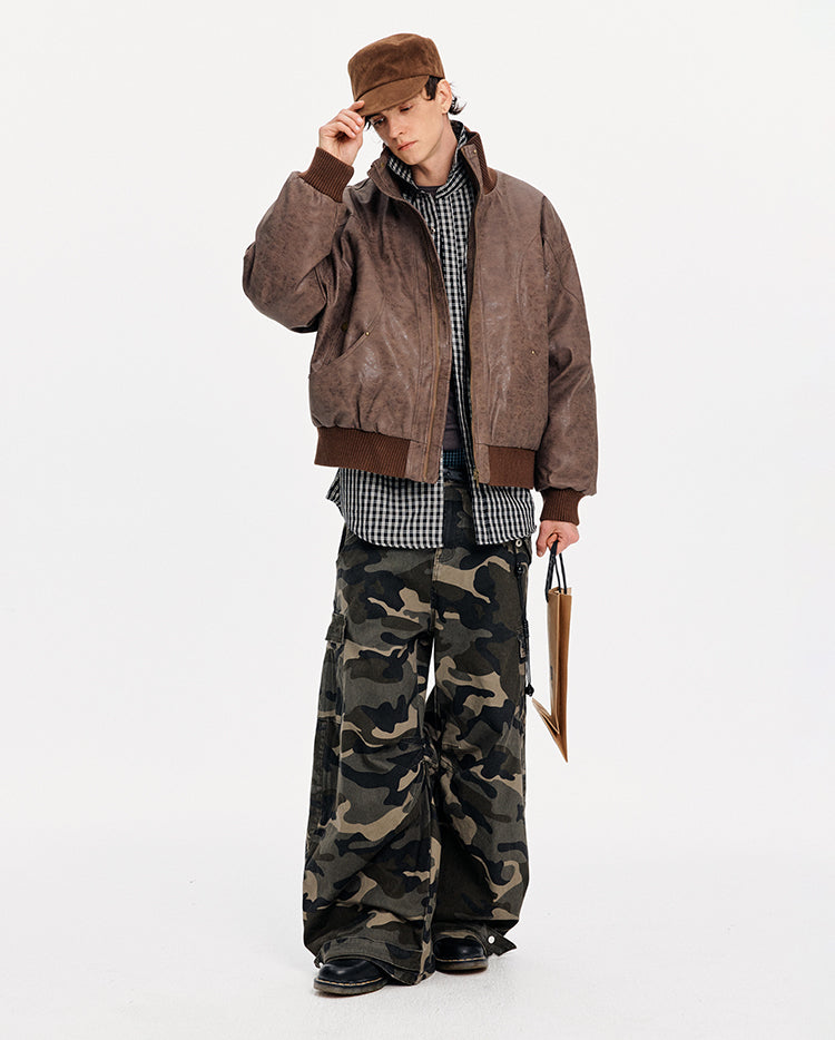 MADWITCH DISTRESSED PU STAND COLLAR JACKET #991101