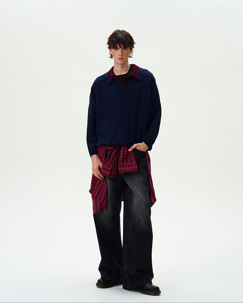 MADWITCH DOUBLE-LAYER CONTRAST KNIT SWEATER #L535