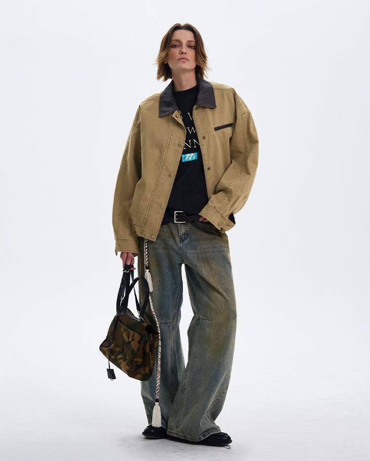 MADWITCH COLOR-BLOCK LEATHER COLLAR JACKET #W219