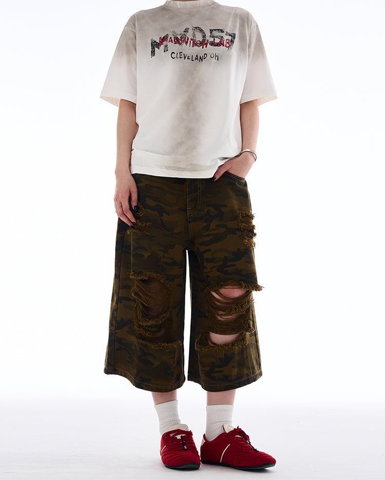 MADWITCH RIPPED CAMO CROPPED PANTS #A590
