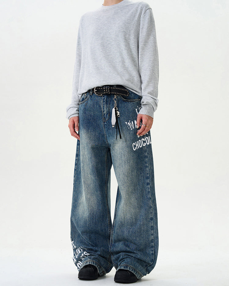 MADWITCH LETTER PRINT STREET-STYLE JEANS #G6626