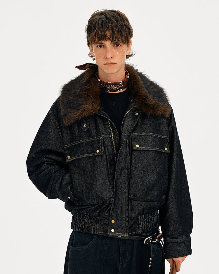 MADWITCH DETACHABLE FUR COLLAR DENIM JACKET #2631