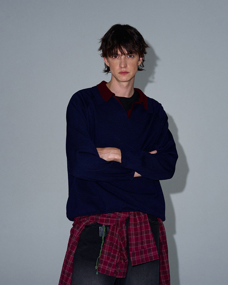 MADWITCH DOUBLE-LAYER CONTRAST KNIT SWEATER #L535