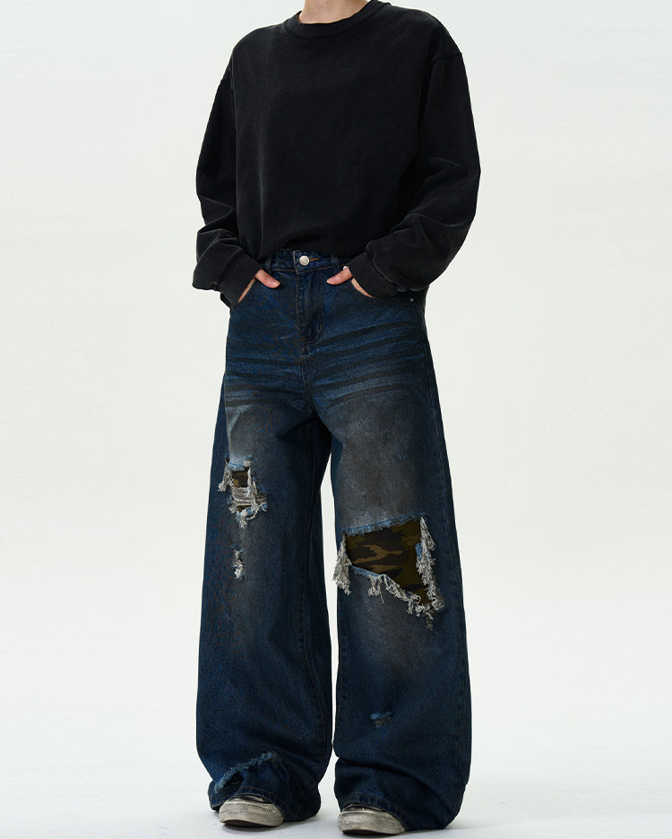 MADWITCH RIPPED CAMO PATCH DENIM JEANS #G6625