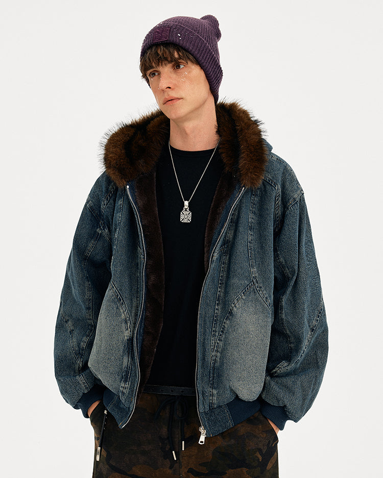 MADWITCH WASHED DENIM FUR COLLAR JACKET #Z2628