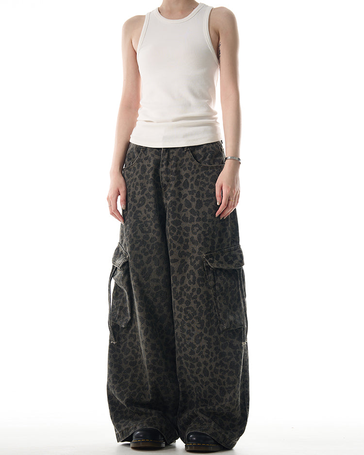 MADWITCH LEOPARD PRINT WIDE-LEG CARGO PANTS #RK179