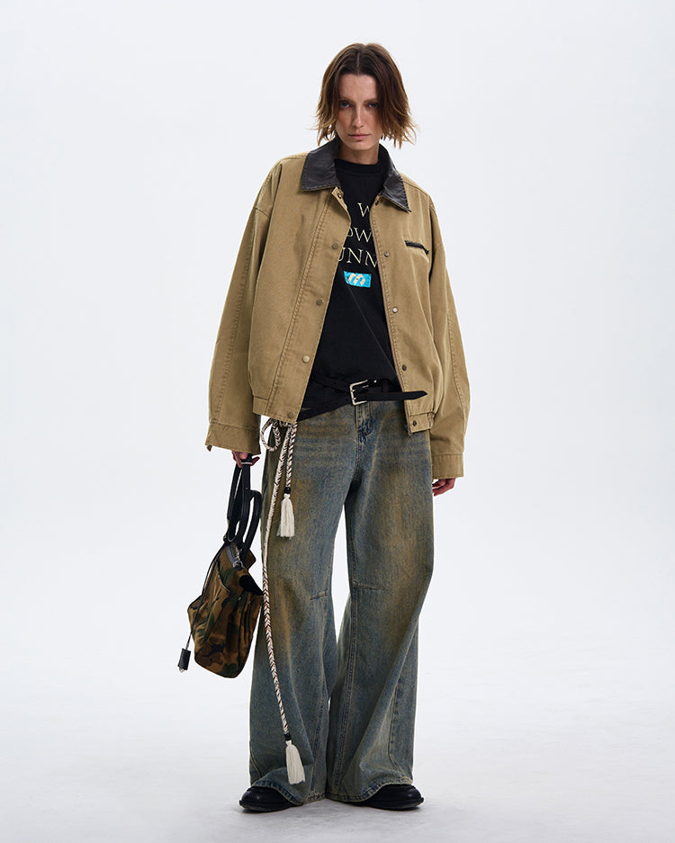 MADWITCH COLOR-BLOCK LEATHER COLLAR JACKET #W219